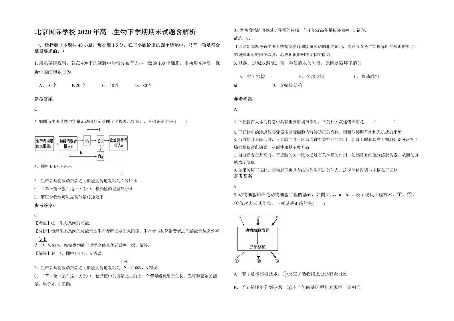 北京国际学校2020年高二生物下学期期末试题含解析