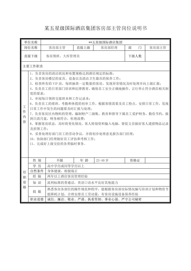 某五星级国际酒店集团客房部主管岗位说明书