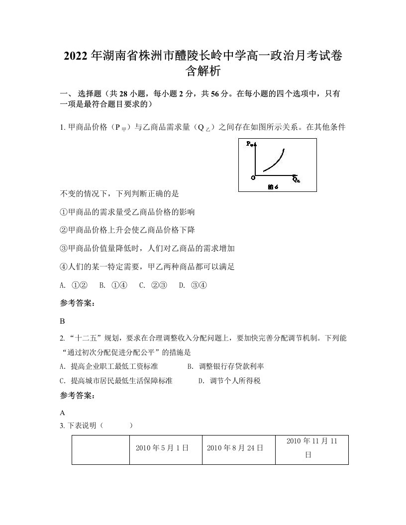 2022年湖南省株洲市醴陵长岭中学高一政治月考试卷含解析