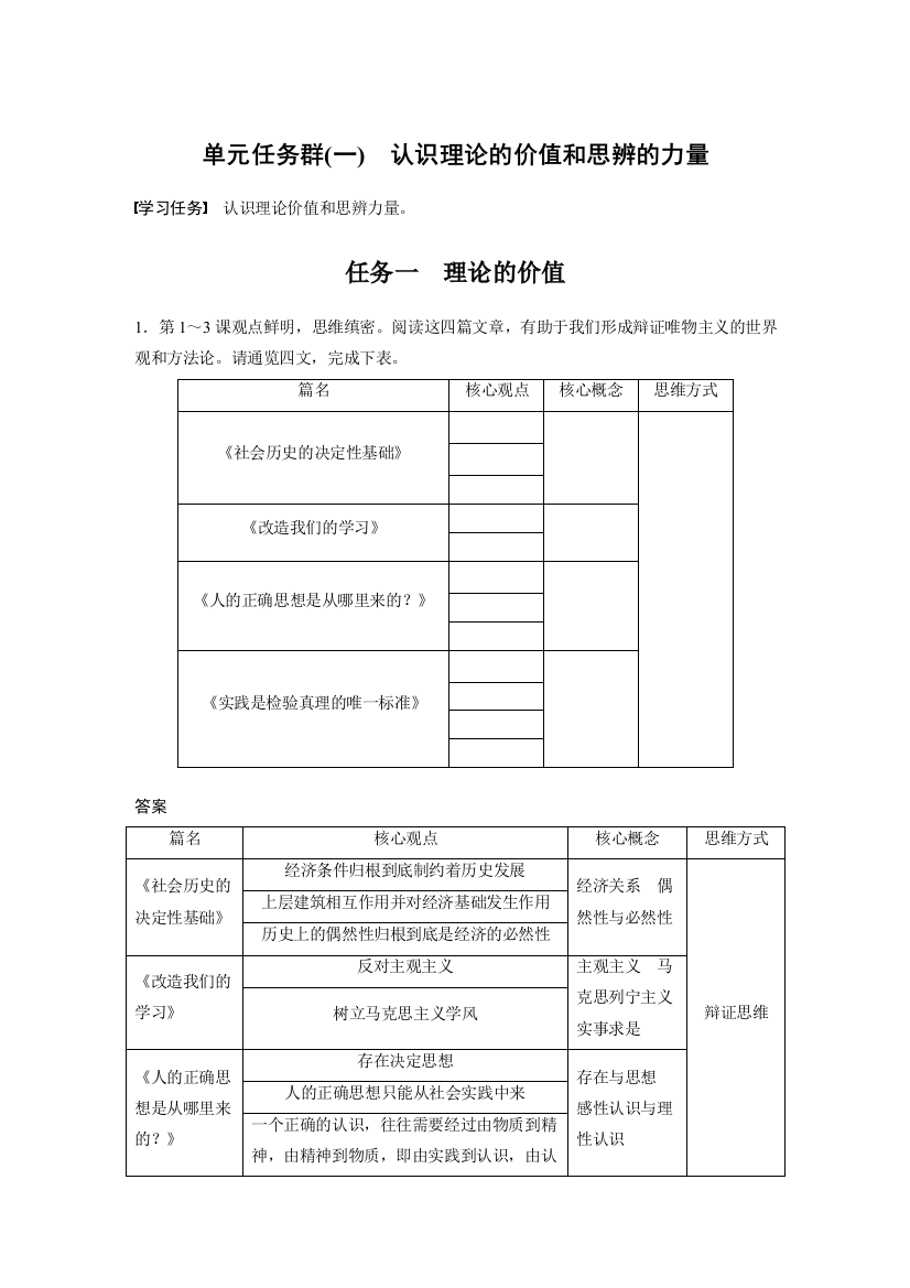 高二语文第一单元单元任务群(一)认识理论的价值和思辨的力量教学设计