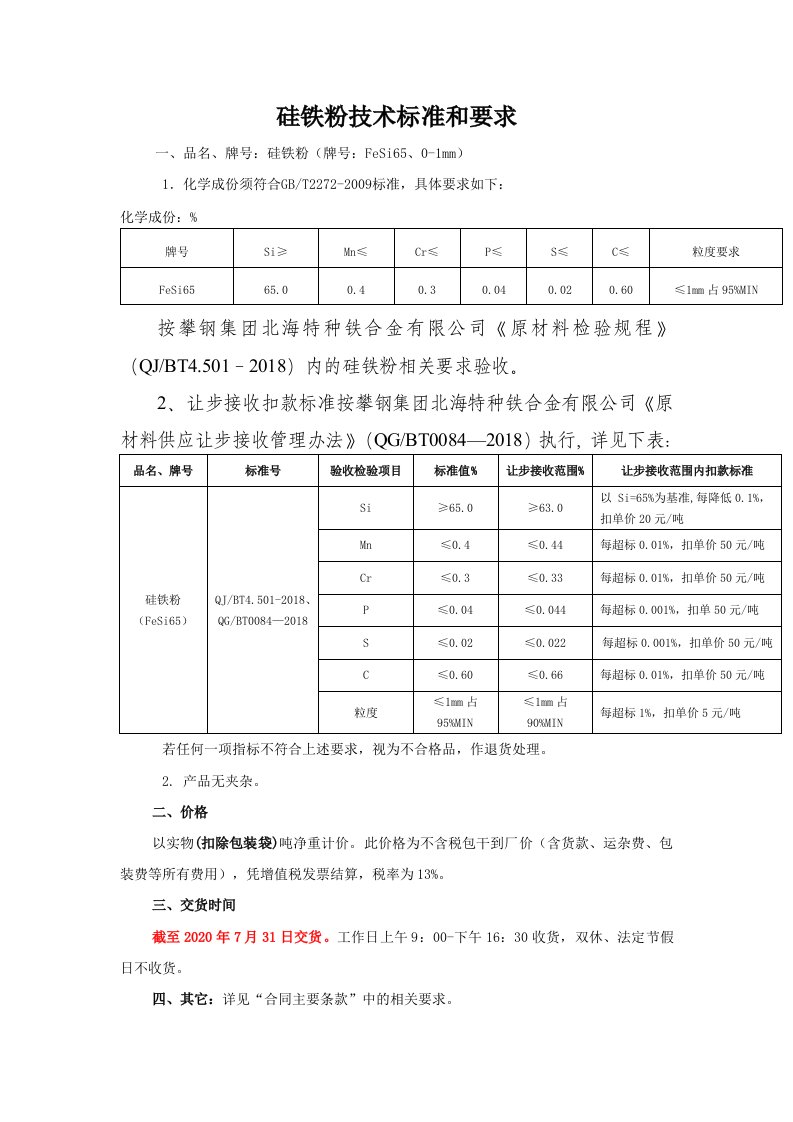 硅铁粉技术标准和要求