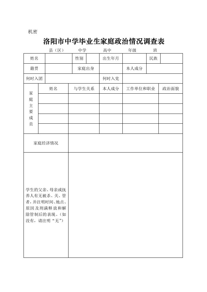 洛阳市中学毕业生家庭政治情况调查表