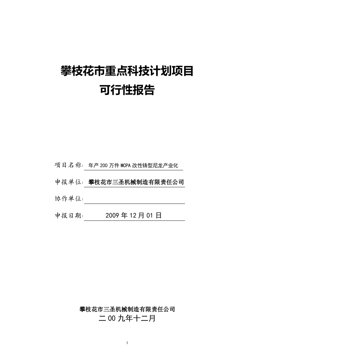 攀枝花市三圣机械制造有限责任公司年产200万件mcpa改性铸型尼龙产业化项目投资可行性报告