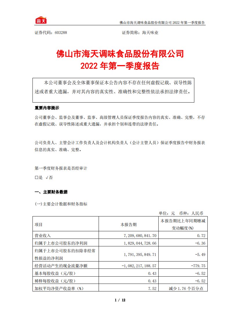 上交所-海天味业2022年第一季度报告-20220428