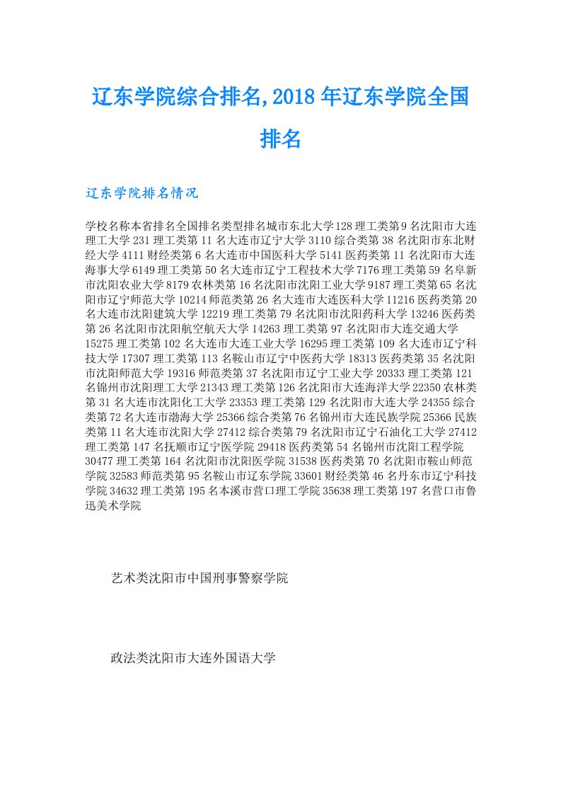 辽东学院综合排名,2018年辽东学院全国排名