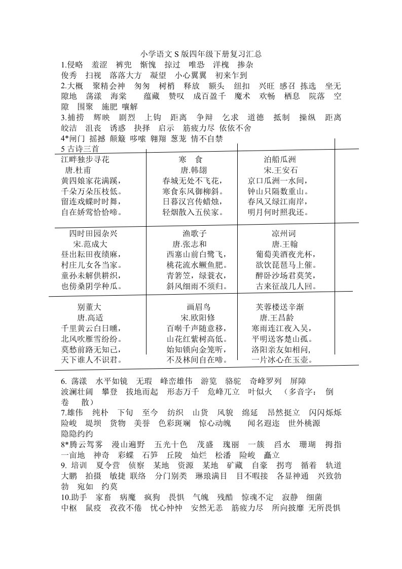 小学语文S版四年级下册复习汇总