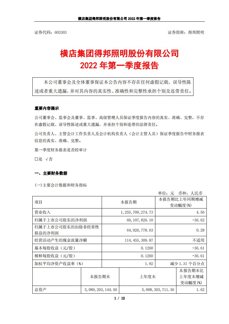 上交所-横店集团得邦照明股份有限公司2022年第一季度报告-20220421