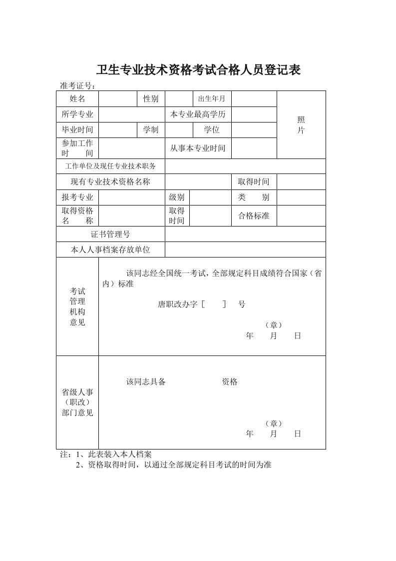 卫生专业技术资格考试合格人员登记表