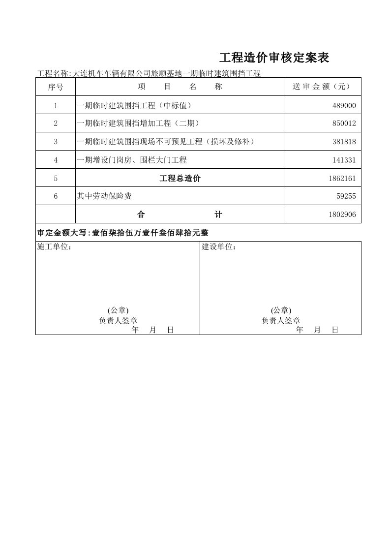 工程造价审核定案表