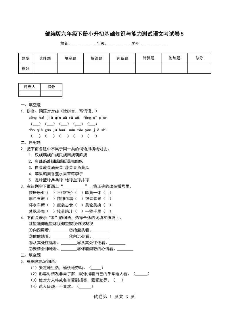 部编版六年级下册小升初基础知识与能力测试语文考试卷5