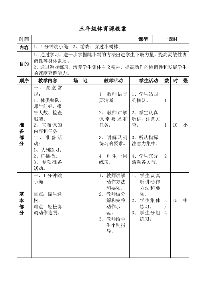 1分钟跳小绳；2、游戏：穿过小树林；