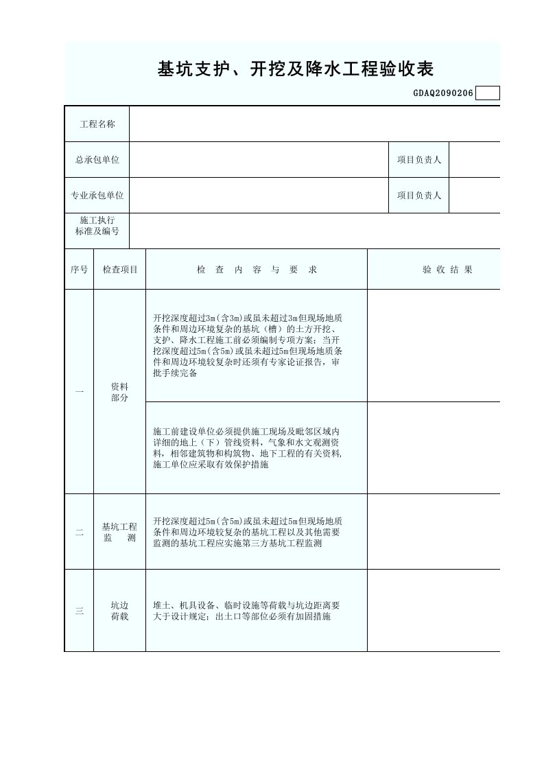 基坑支护、开挖及降水工程验收表GDAQ