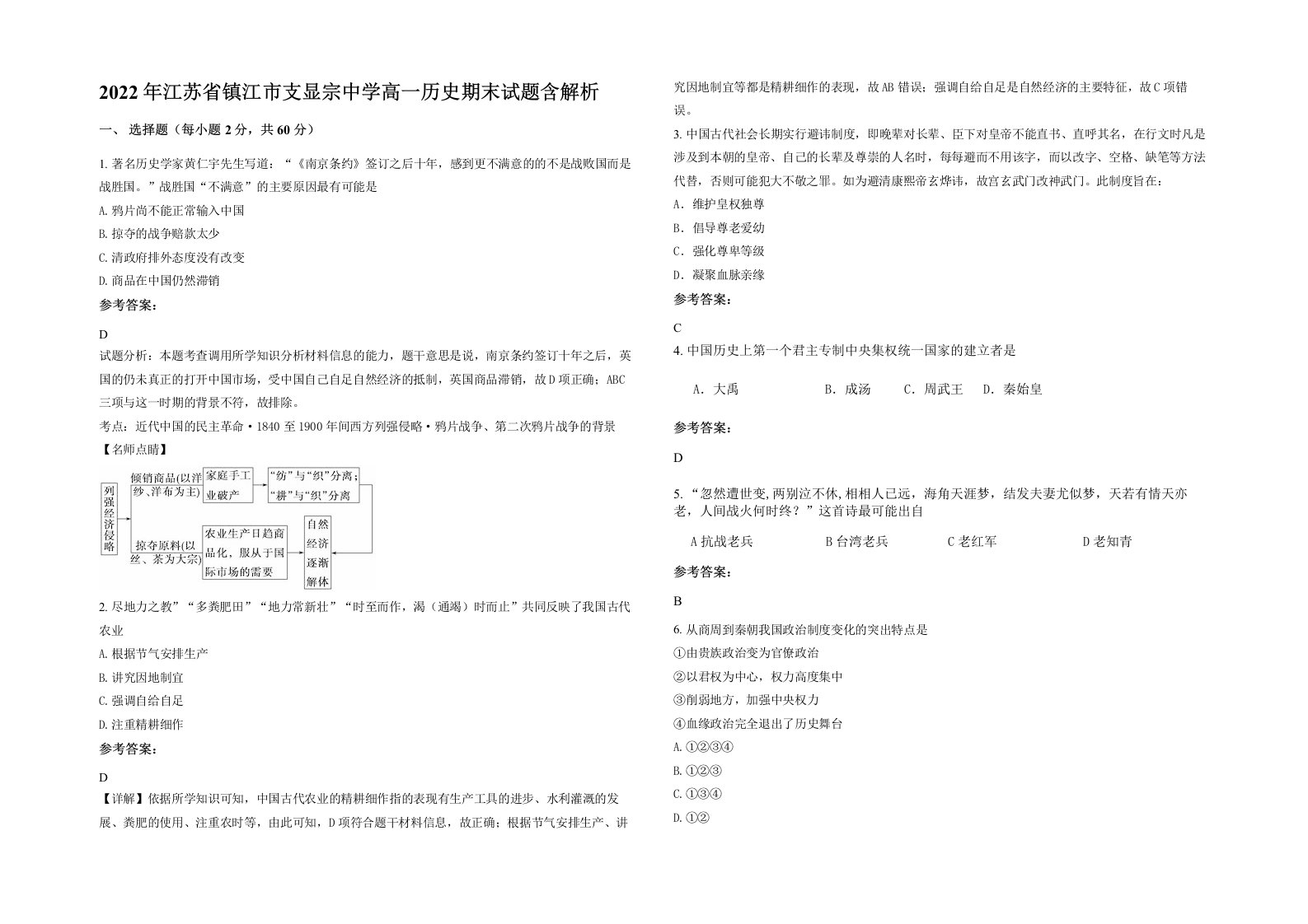 2022年江苏省镇江市支显宗中学高一历史期末试题含解析