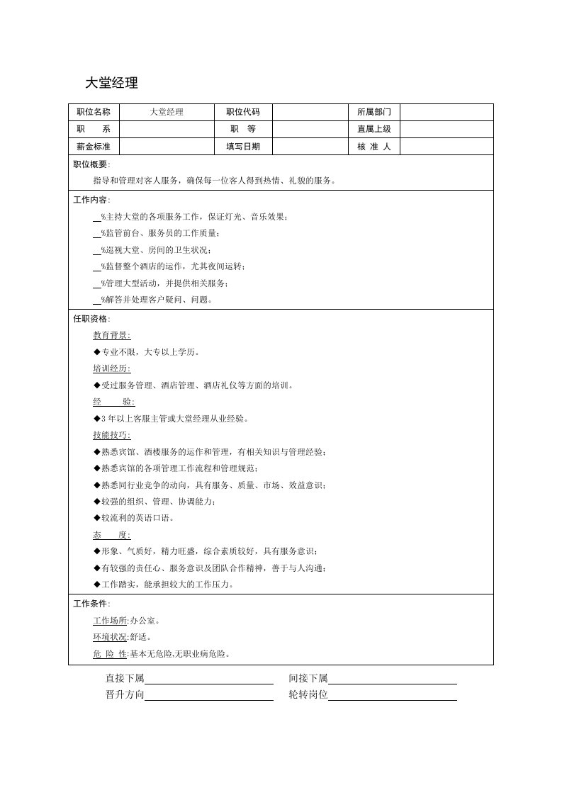 某酒店大堂经理岗位说明书