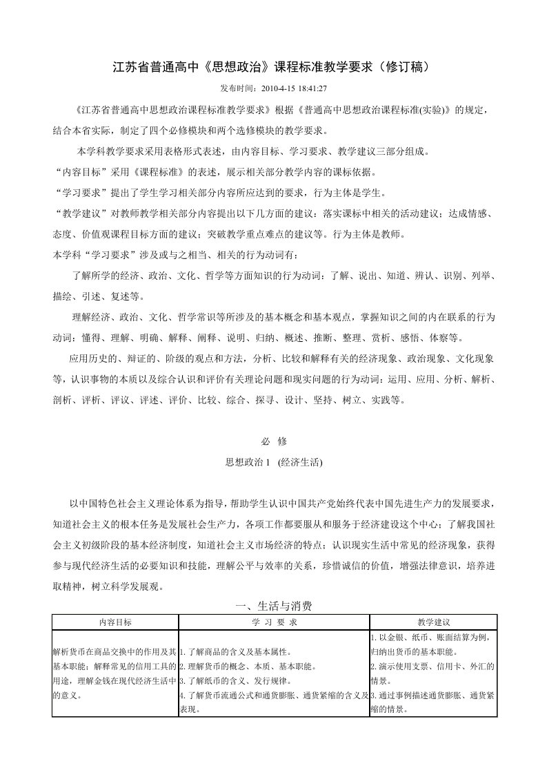 江苏省普通高中课程标准教学要求