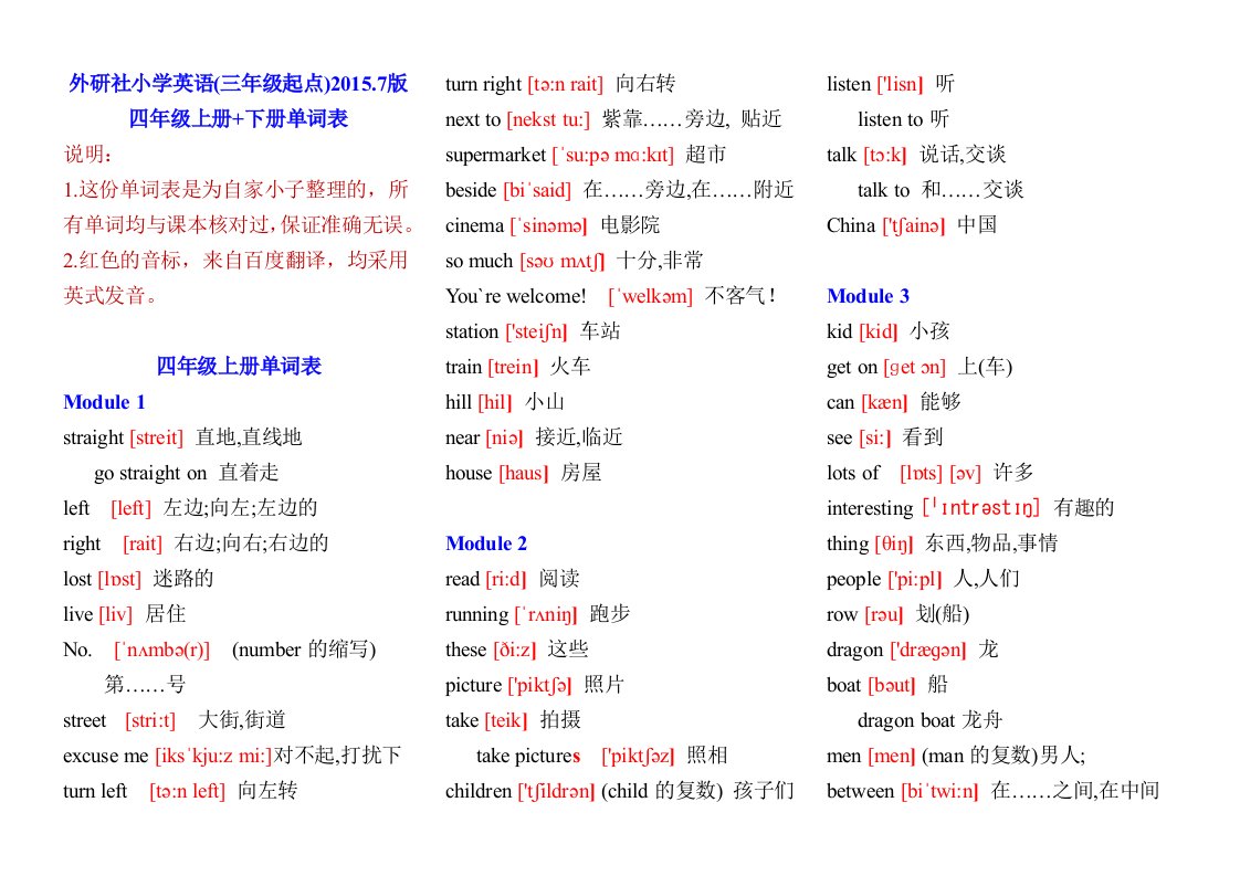 外研社(三年级起)小学英语四年级上册+下册单词表(含音标)