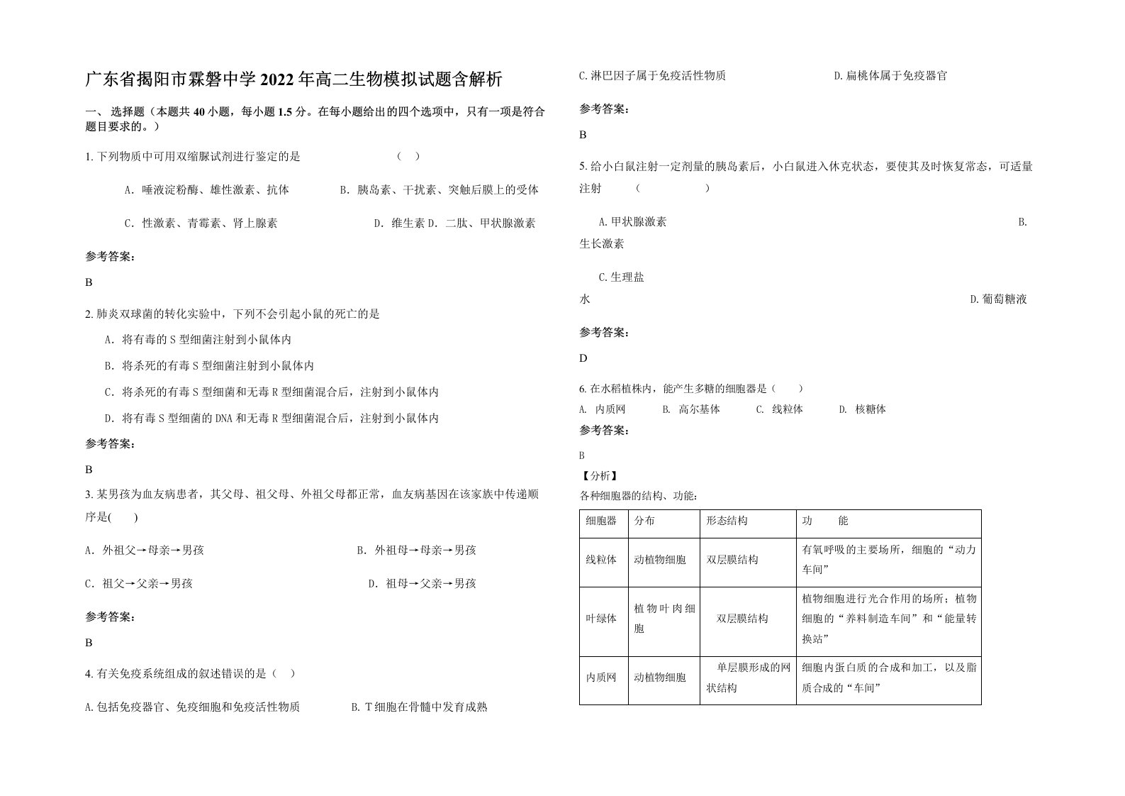 广东省揭阳市霖磐中学2022年高二生物模拟试题含解析