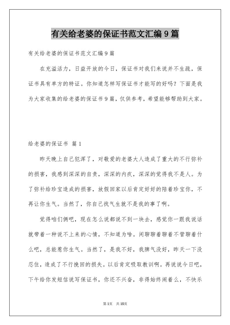 有关给老婆的保证书范文汇编9篇