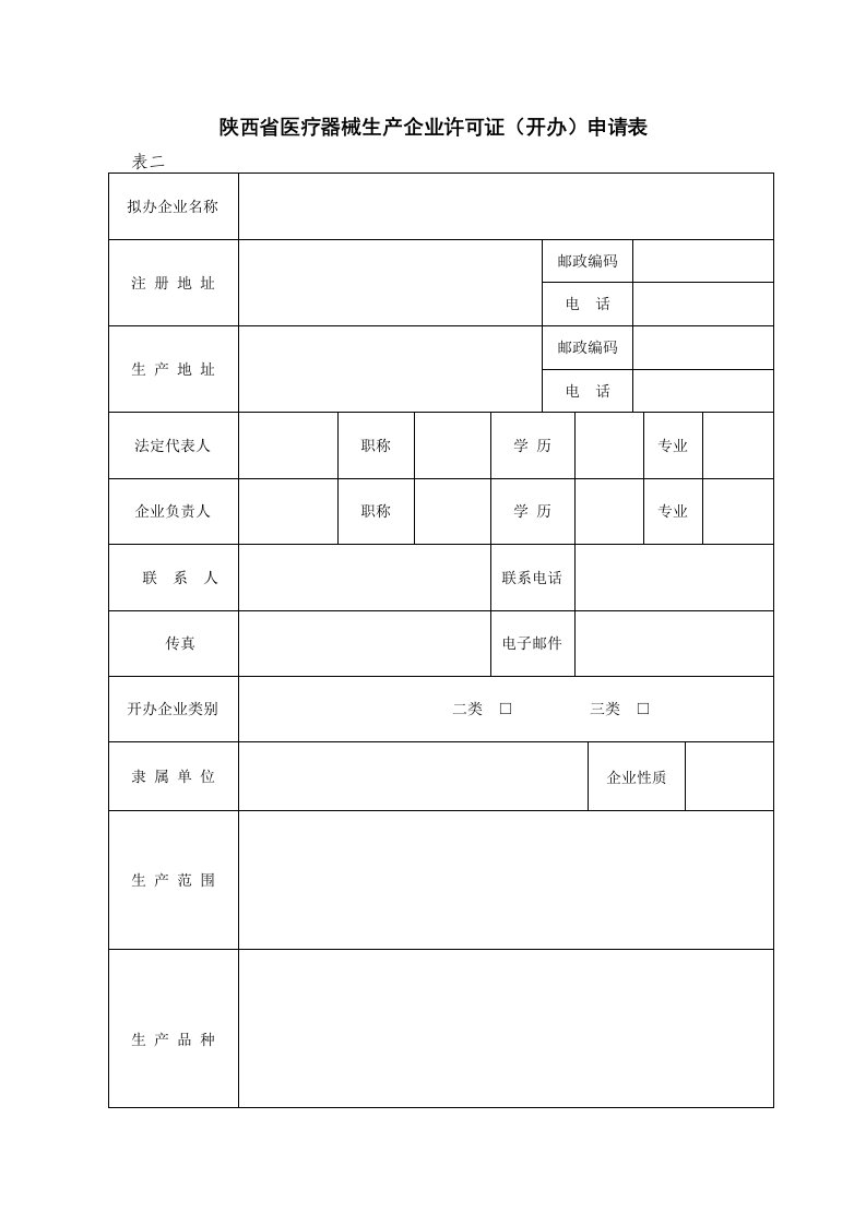 医疗器械生产企业许可证(开办)申请表