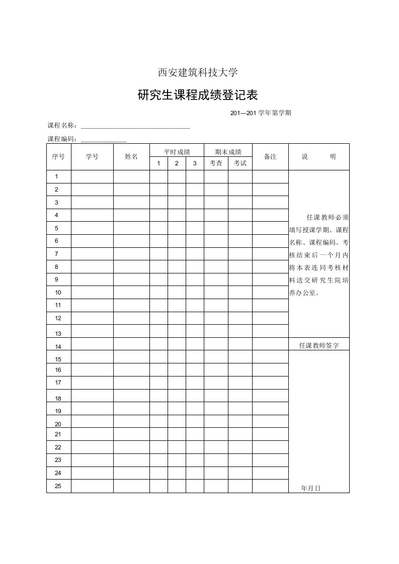 西安建筑科技大学研究生课程成绩登记表