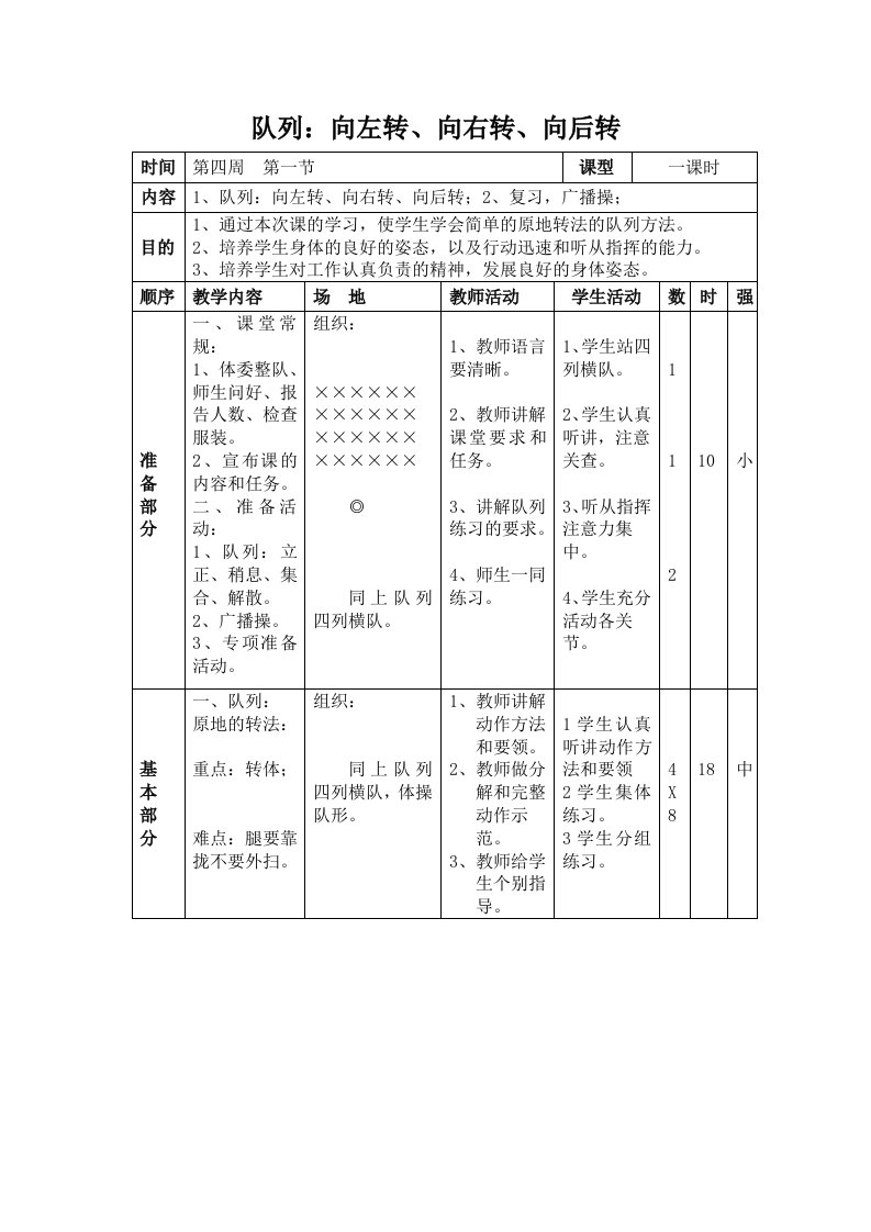 小学体育队列：向左转、向右转、向后转教学设计