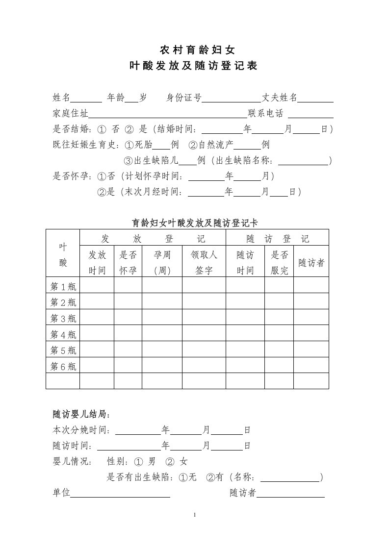 农村育龄妇女叶酸免费发放随访表