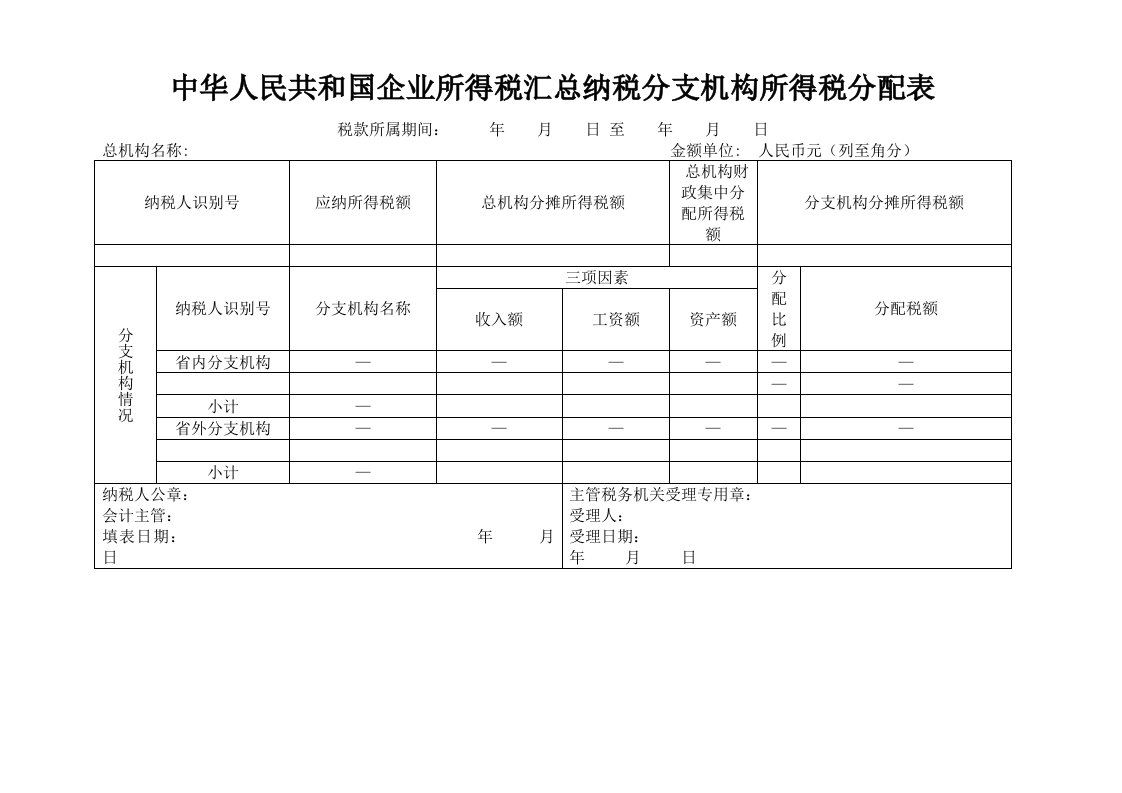 中华人民共和国企业所得税汇总纳税分支机构所得税分配表