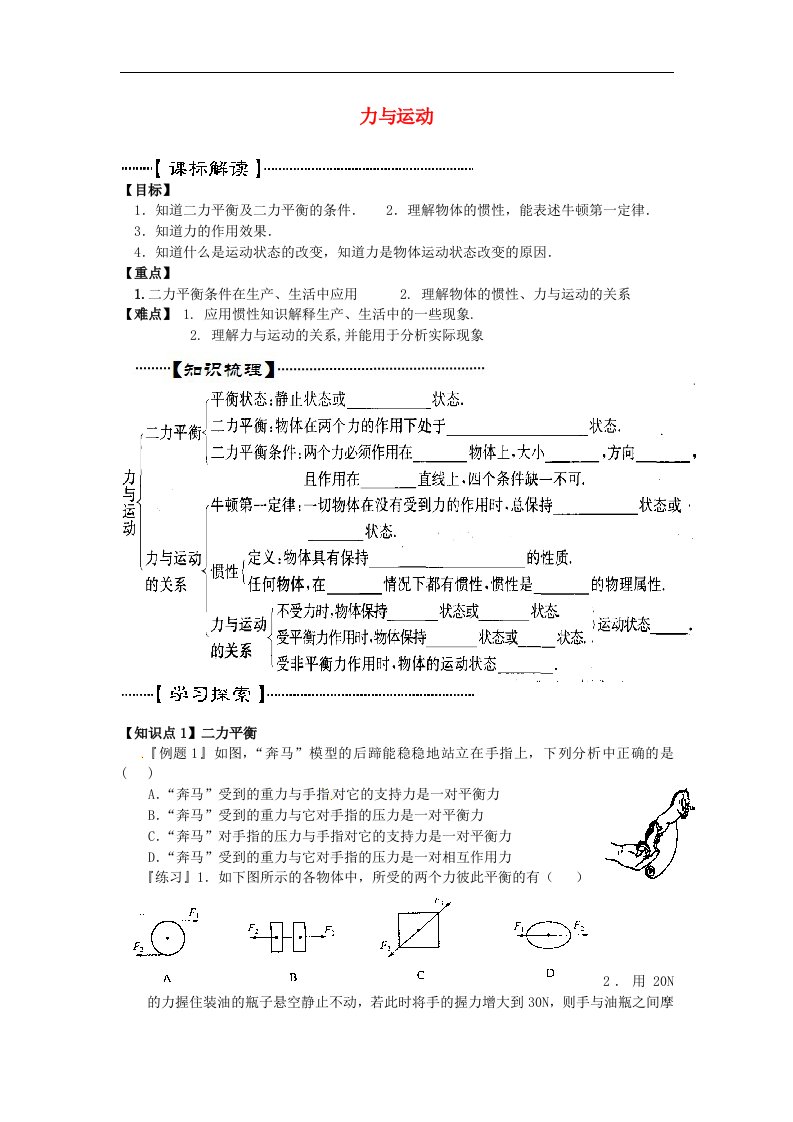 2017春苏科版物理八年级下册第九章《力与运动》word复习导学案