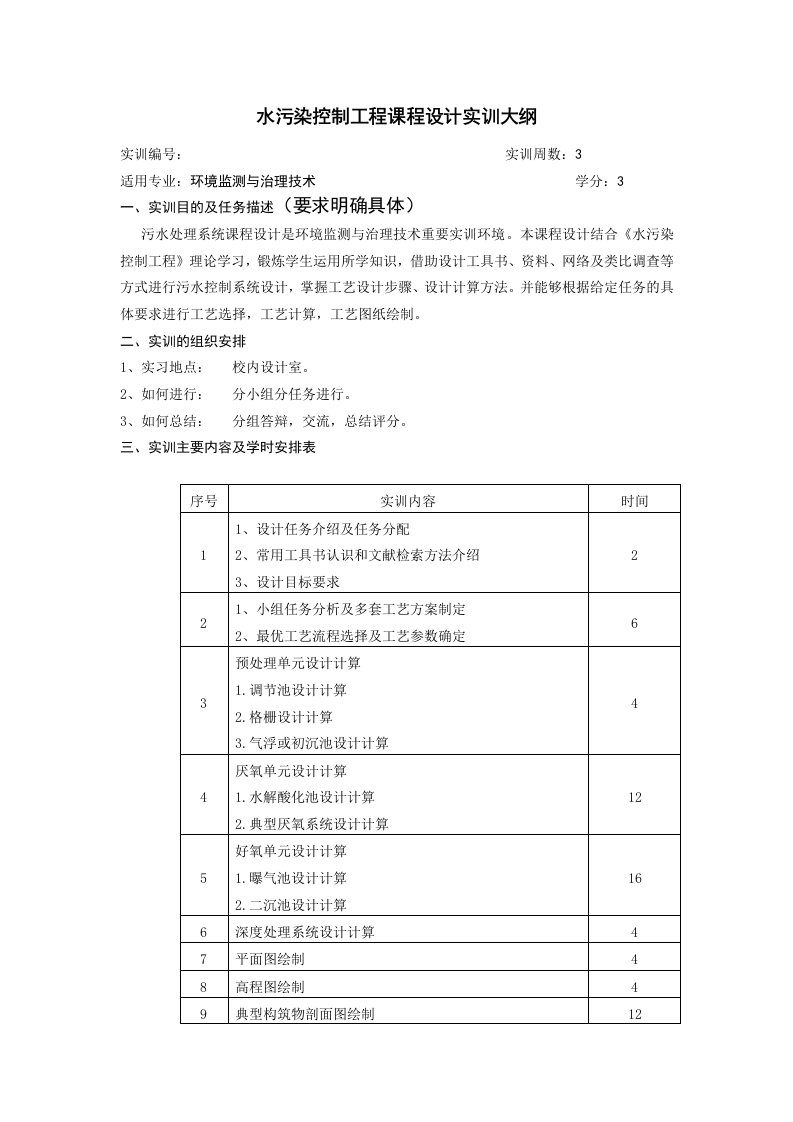 水污染控制工程课程设计实训大纲