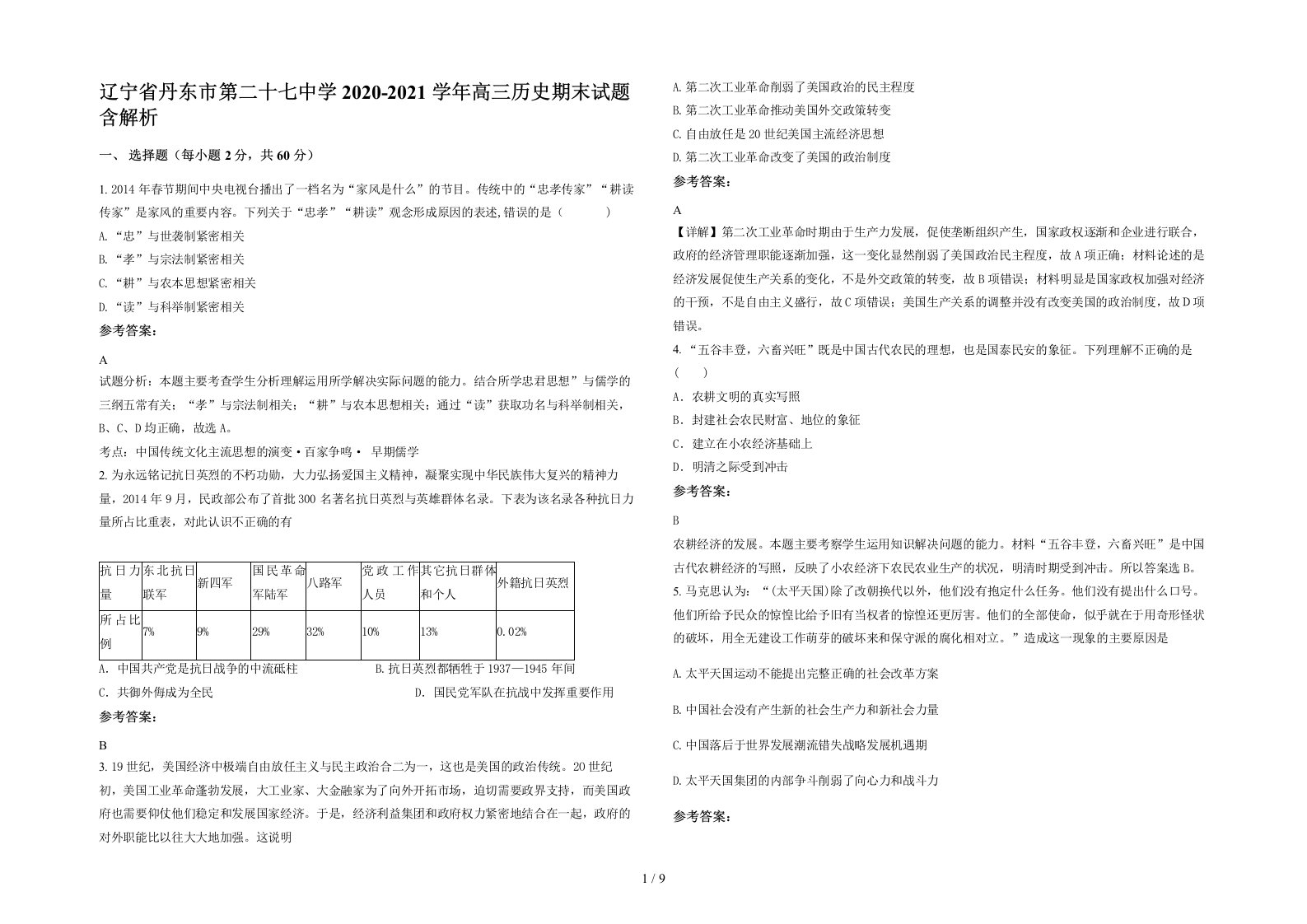 辽宁省丹东市第二十七中学2020-2021学年高三历史期末试题含解析