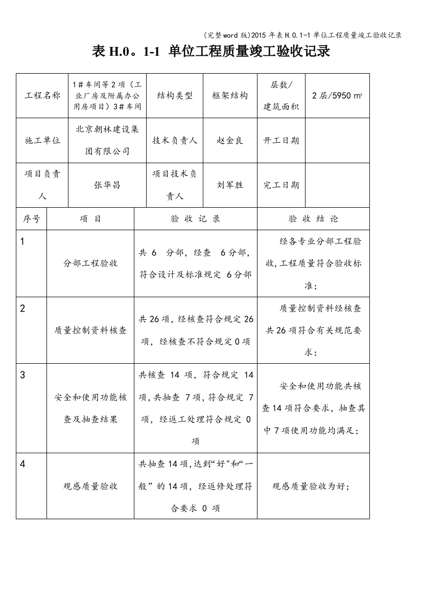 2015年表H.0.1-1单位工程质量竣工验收记录