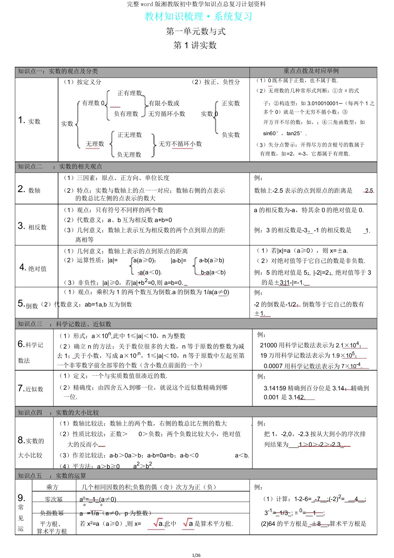 版湘教版初中数学知识点总复习计划资料