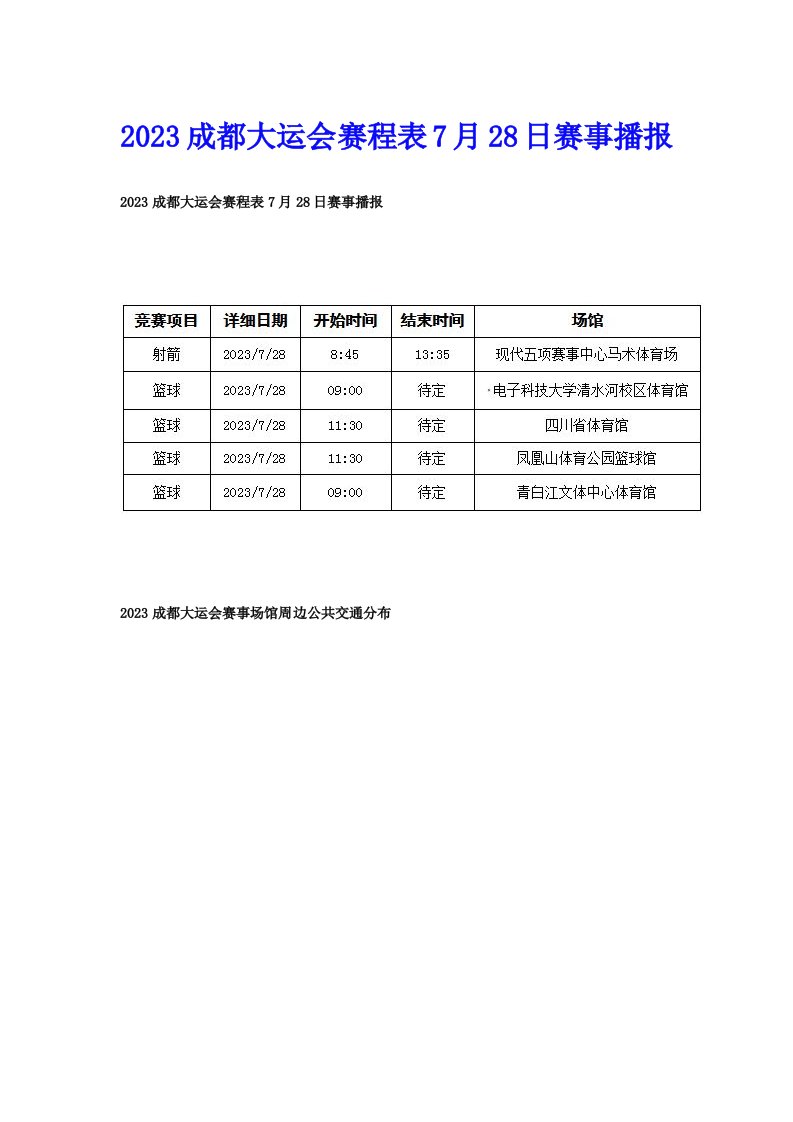 2023成都大运会赛程表7月28日赛事播报