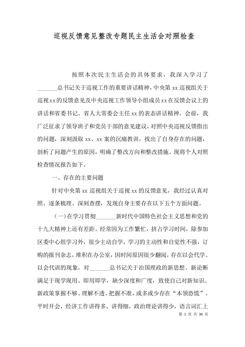 巡视反馈意见整改专题民主生活会对照检查（一）