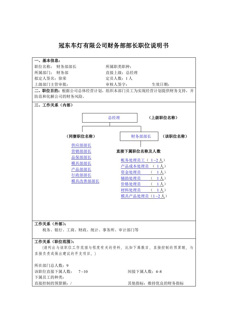 冠东车灯有限公司财务部部长职位说明书