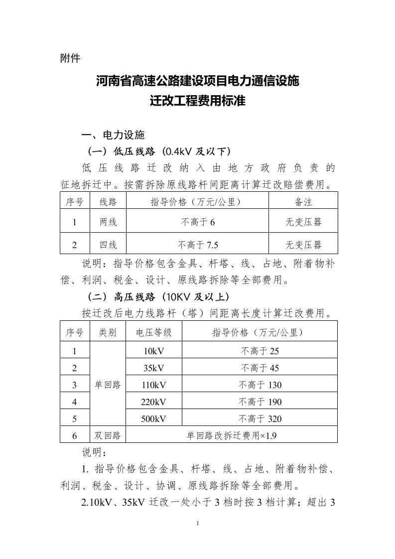 高速公路建设项目电力通信设施迁改工程费用标准