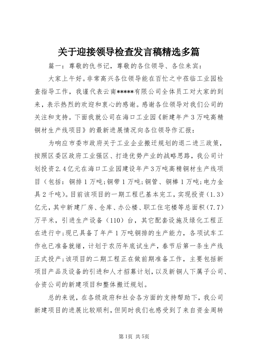 关于迎接领导检查发言稿精选多篇