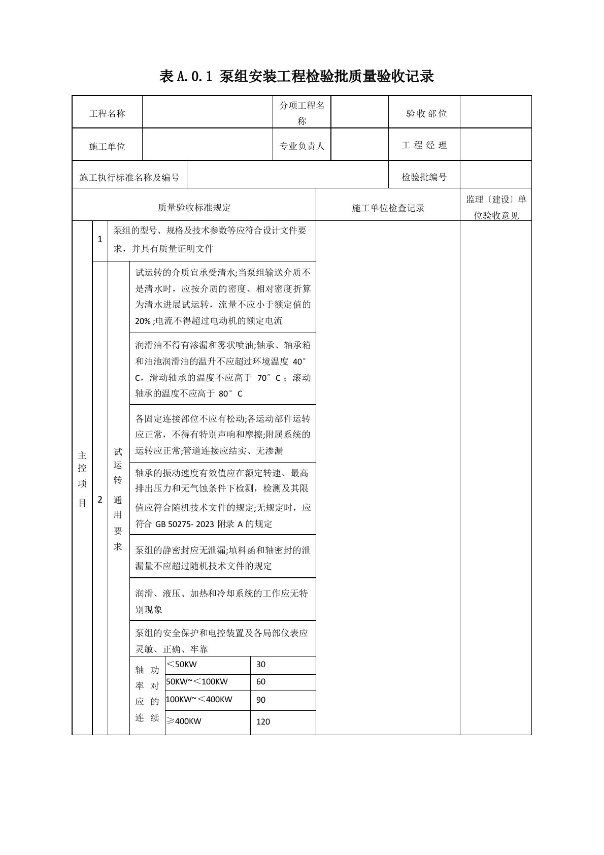 SY4201.12023年石油天然气建设工程施工质量验收规范设备安装机泵类检验批表格