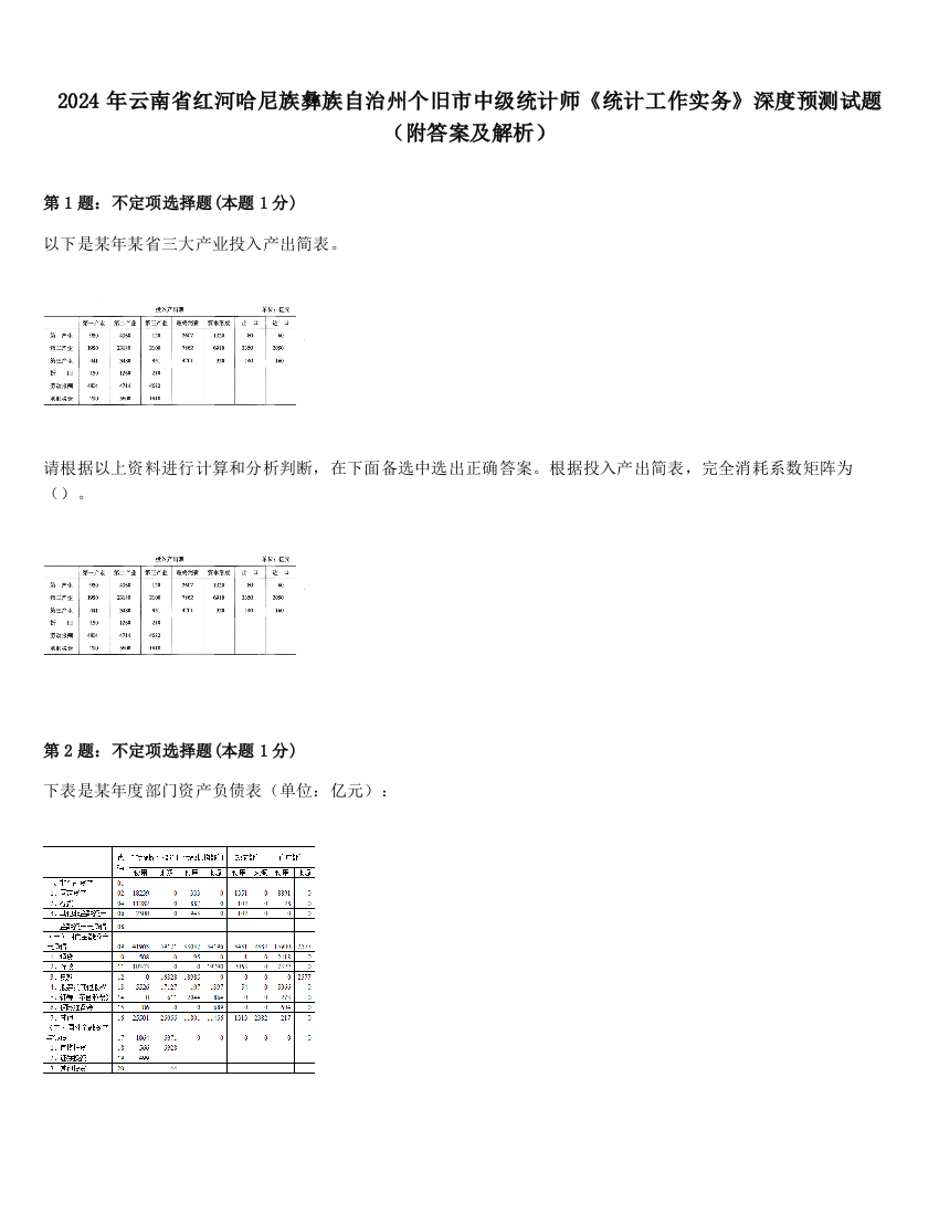 2024年云南省红河哈尼族彝族自治州个旧市中级统计师《统计工作实务》深度预测试题（附答案及解析）