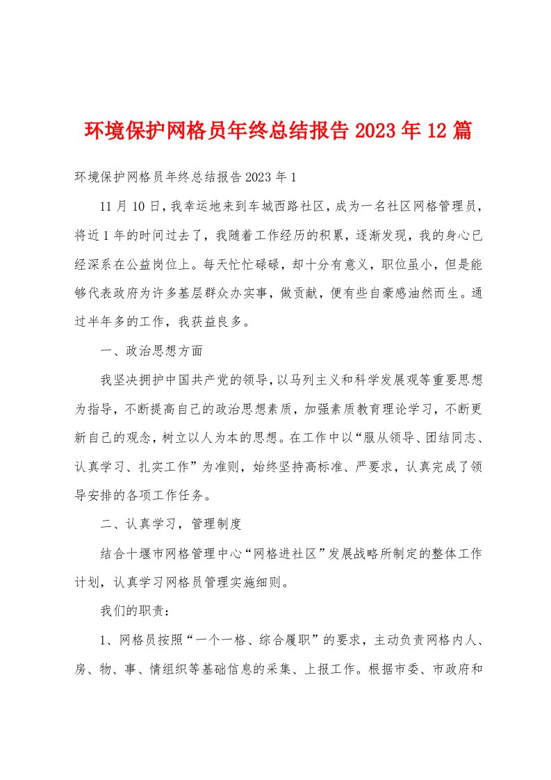 环境保护网格员年终总结报告2023年12篇