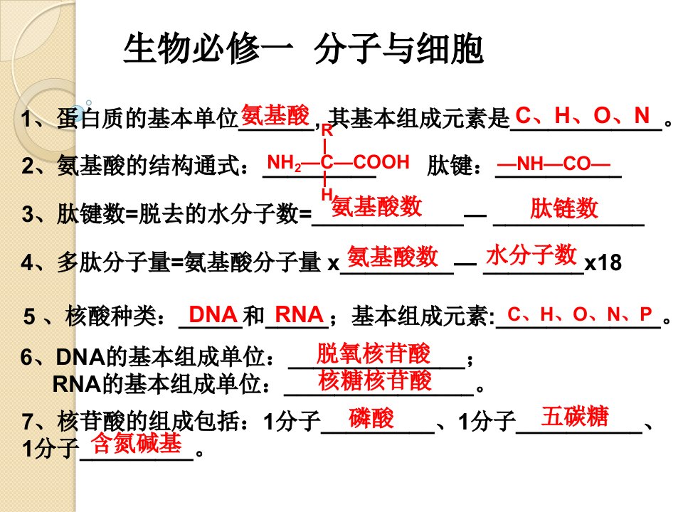 生物必修1精要知识点列单分子与细胞附答案