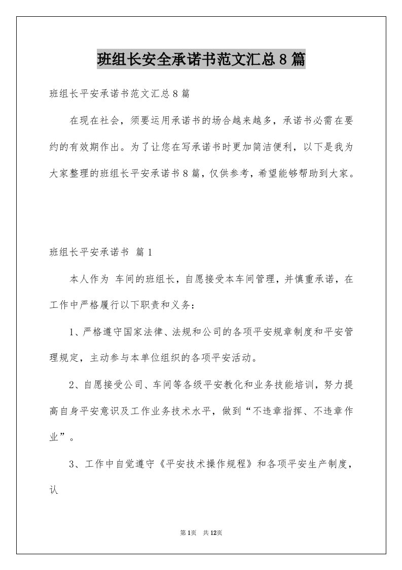 班组长安全承诺书范文汇总8篇