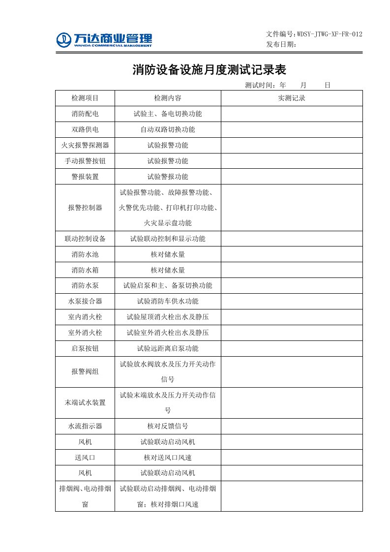 12、消防设备设施月度测试记录表