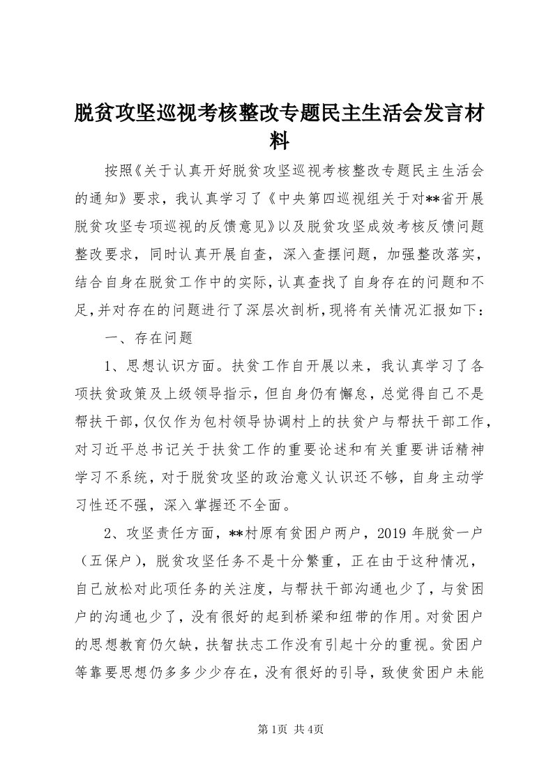 6脱贫攻坚巡视考核整改专题民主生活会讲话材料