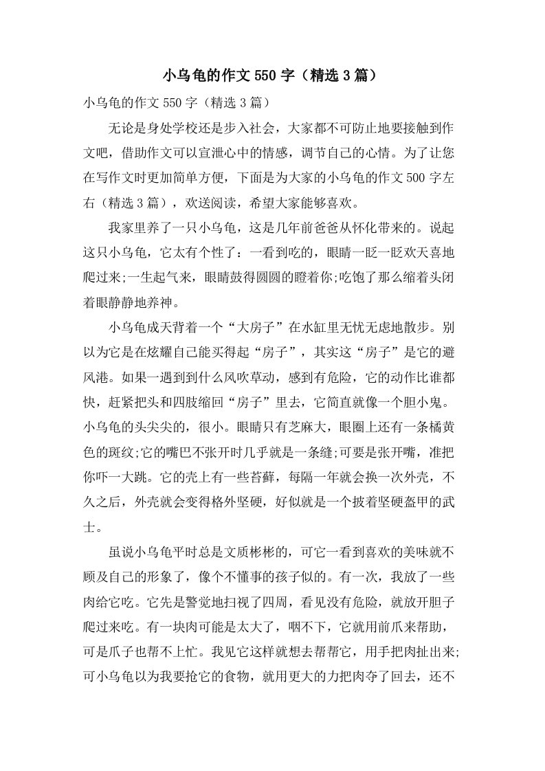 小乌龟的作文550字（3篇）