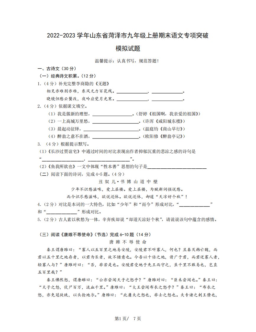 山东省菏泽市九年级上册期末语文专项突破模拟试题(含解析)