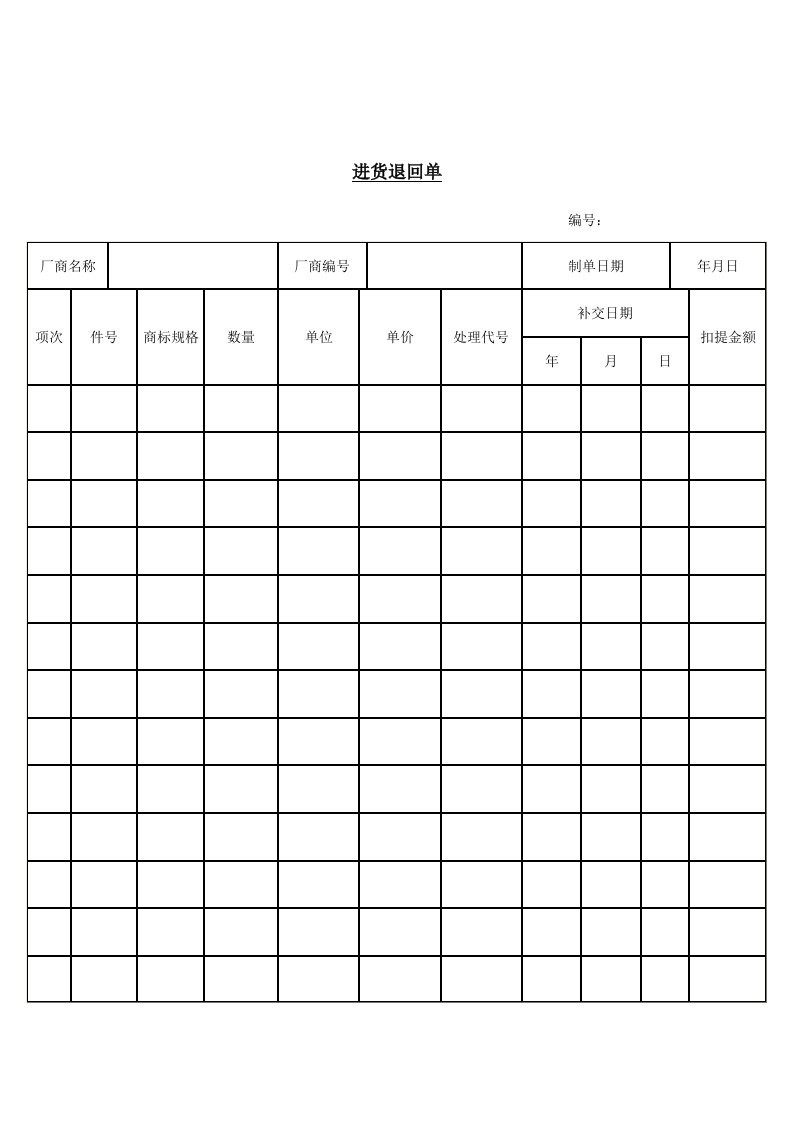 进货退回管理记录单