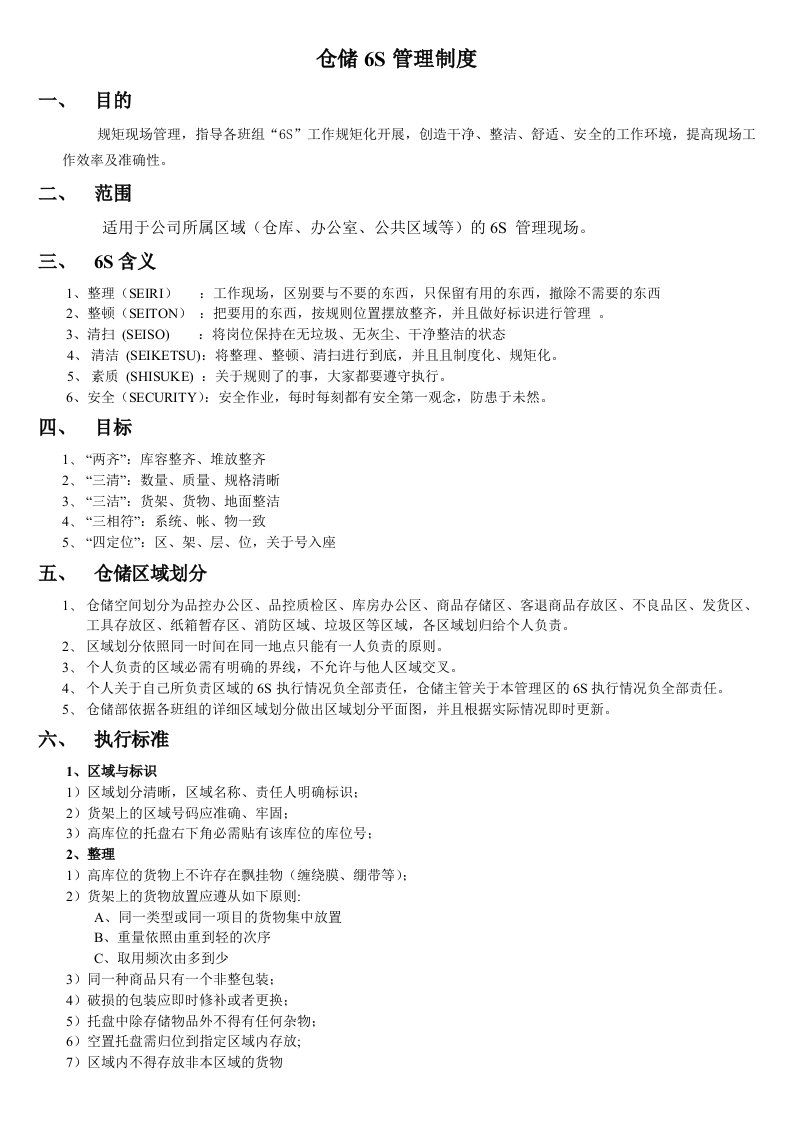 仓储6S管理制度，仓库现场6S执行标准，6S检查打分表格