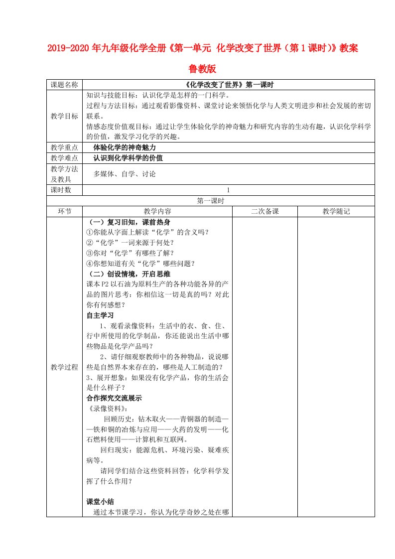 2019-2020年九年级化学全册《第一单元