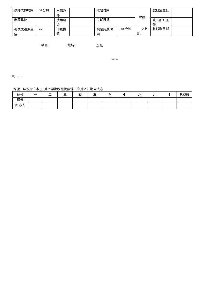 线性代数专升本期末考试试题及参考答案